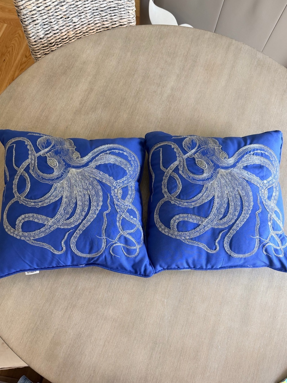 Blue Octopus Embroidered Throw Pillow Pair - Coastal Home Accent